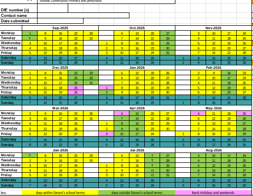Calendar with 2025-2026 term dates highlighted